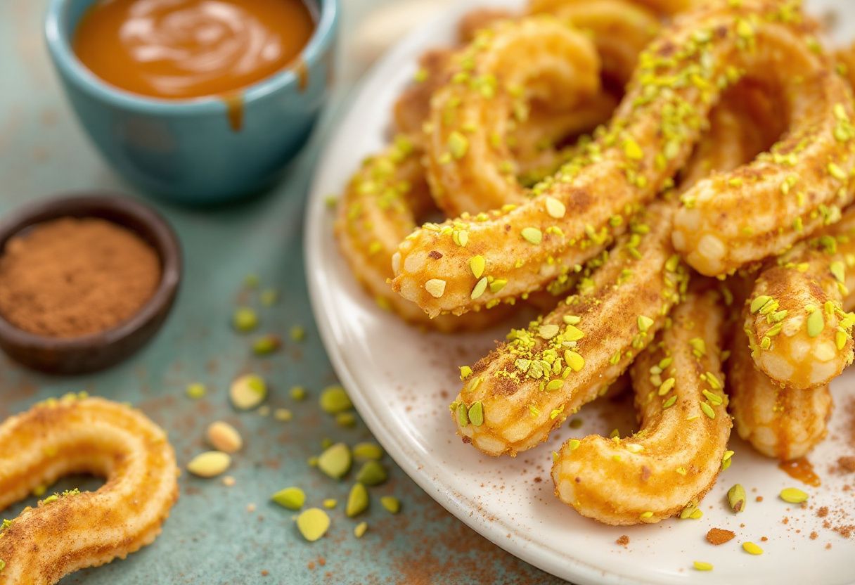 Pistachio Churros con Cajeta recipe image